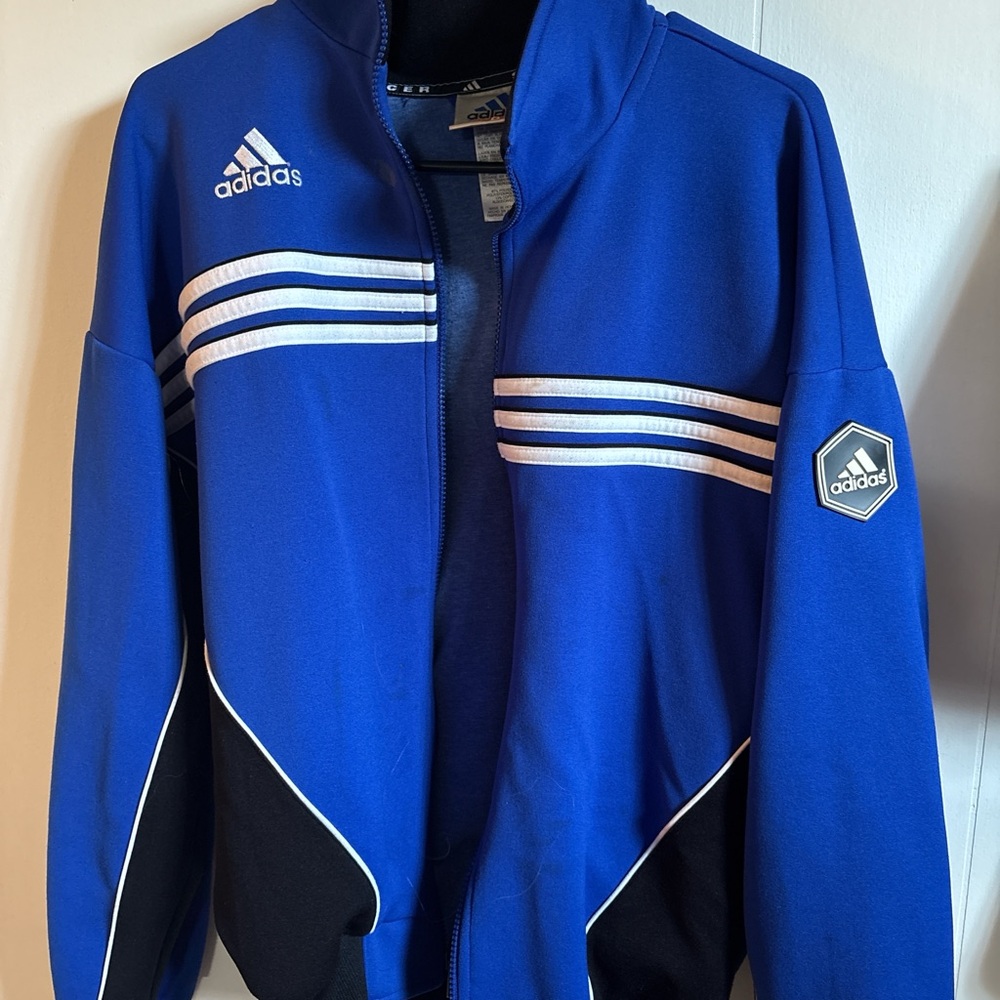Adidas Men's Royal Blue Windbreaker with White Stripes